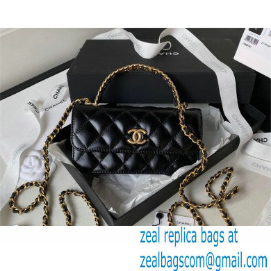 chanel Shiny Calfskin & Gold-Tone Metal Phone Holder with Chain AP3242 black 2023
